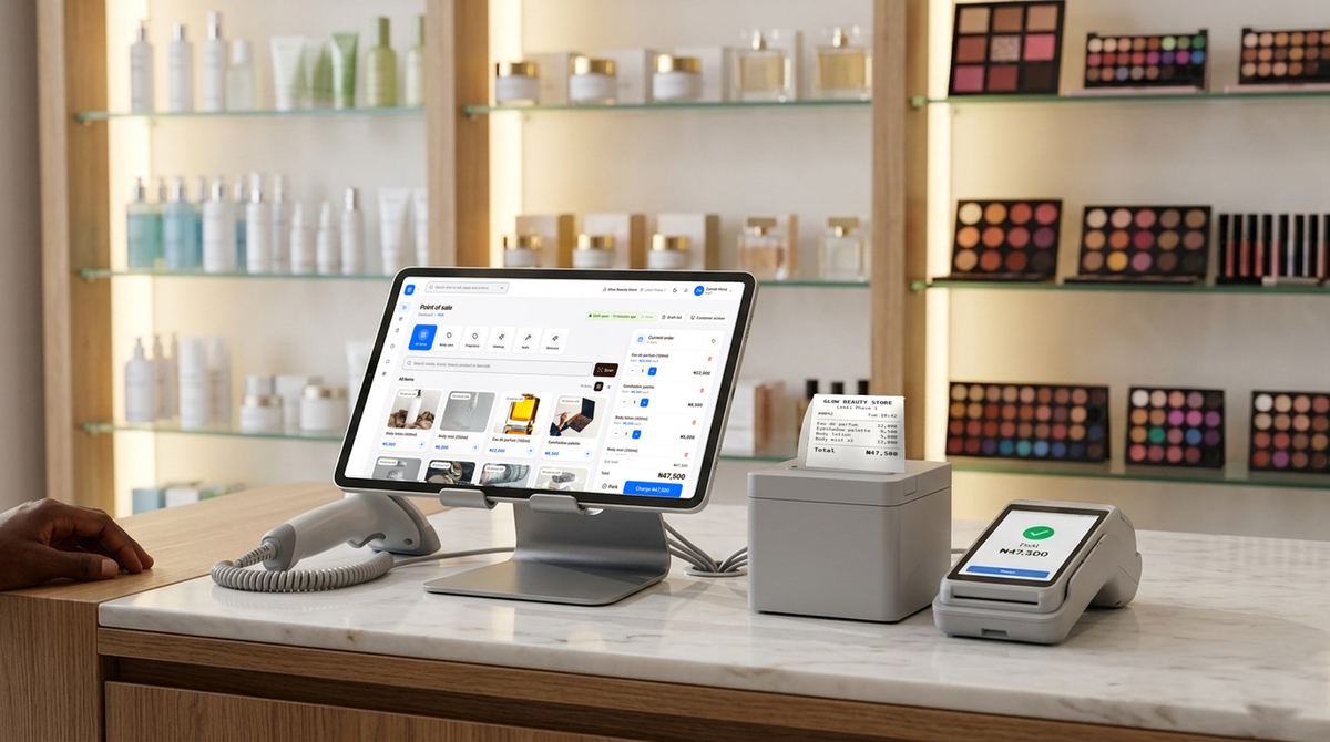 finpo till with receipt printer, card machine and barcode scanner at a beauty and cosmetics counter