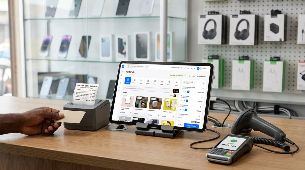 finpo till with receipt printer, card machine and barcode scanner at a phones and electronics counter