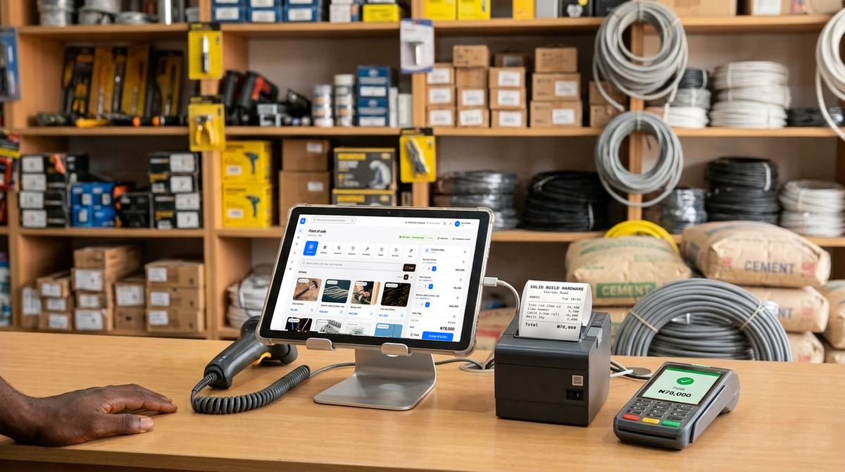 finpo till with receipt printer, card machine and barcode scanner at a hardware stores counter