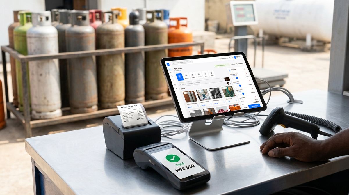 finpo till with receipt printer, card machine and barcode scanner at a cooking gas (lpg) counter