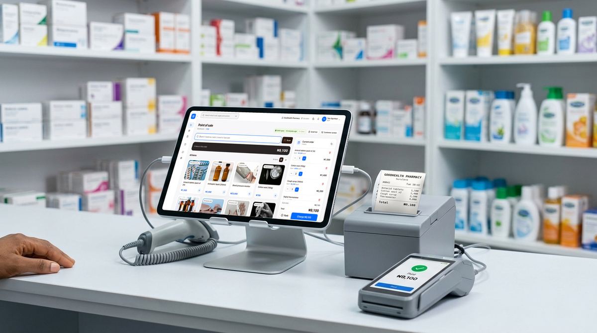 finpo till with receipt printer, card machine and barcode scanner at a pharmacies counter