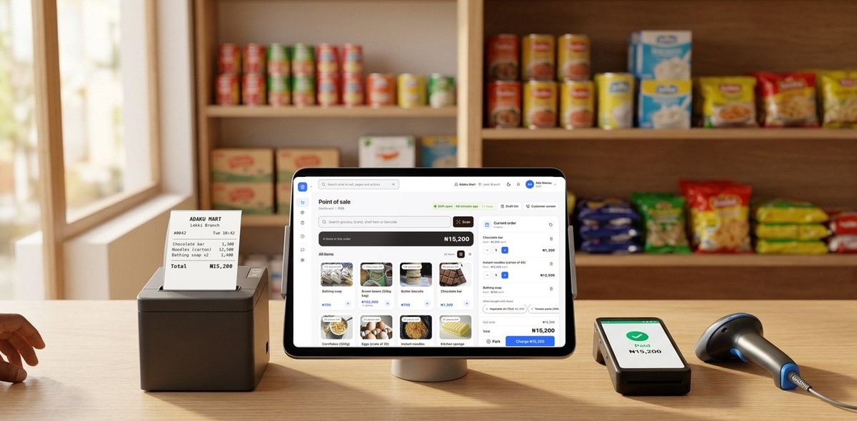 finpo till with receipt printer, card machine and barcode scanner at a supermarkets and provisions counter